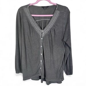 Lucky Brand Grey Boho Embroidered Blouse Womens L Casual Shirt Long Sleeve